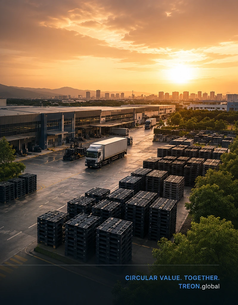Industrielle Logistik und dunkle zirkuläre Paletten an einem modernen Vertriebsstandort